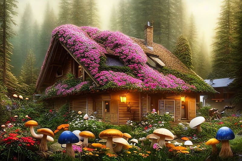 Haute-Savoie - wooden house in the forest - France, viragos, szines taj, haz, tavaszi, fahaz, fak, fenyok, tavasz, szines, taj, gomba, termeszet, viragok, hegyi taj, erdo, videk, alpok, HD wallpaper
