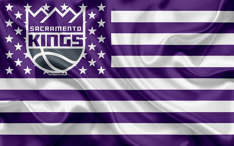 Sacramento Kings, American basketball club, American creative flag, violet white flag, NBA, Sacramento, California, USA, logo, emblem, silk flag, National Basketball Association, basketball, HD wallpaper