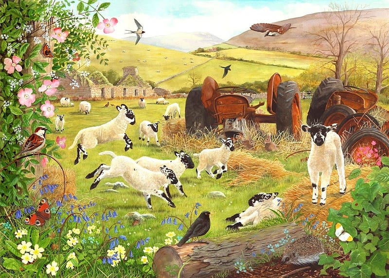 Lambs, painting, running, art, sheep, pictura, spring, tracy hall, lamb, HD wallpaper