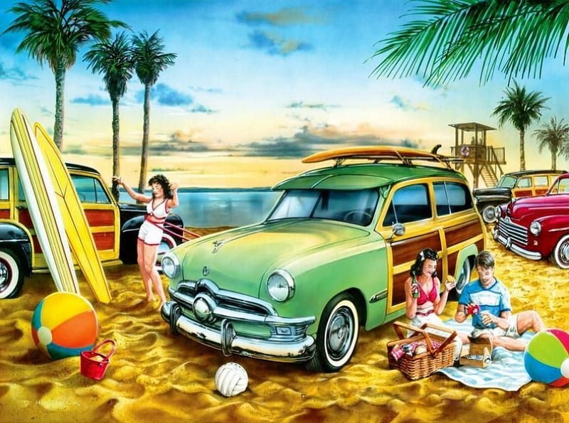 BEACH WAGON PARTY, oceans, palmtrees, family time, children, picnics, sea, carros, station wagons, families, coast, vintage, HD wallpaper