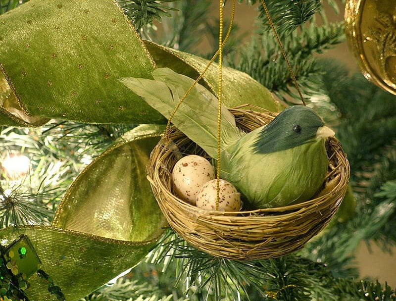 Green bird ornament, christmas, glitter, golden, bow, cute, egg, tree, green, bird, nature, HD wallpaper