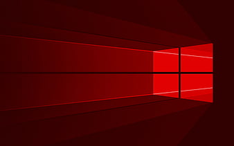 Windows 10 red logo minimal, OS, red abstract background, creative, Windows 10, artwork, red rays, Windows 10 logo, HD wallpaper