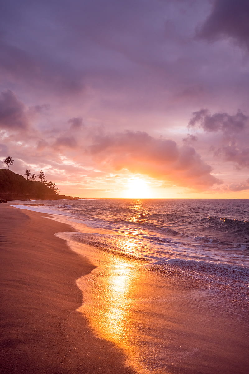 sea, beach, sunset, waves, surf, HD phone wallpaper