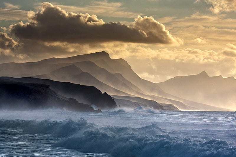 Stormy beach, rough sea, mountains, landscapes, sunset, clouds, HD wallpaper