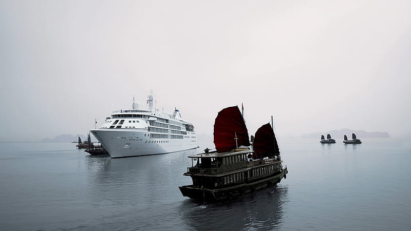 Silver Cloud White Cruise Ship And Wooden Boat With Foggy Sky Background Cruise Ship, HD wallpaper