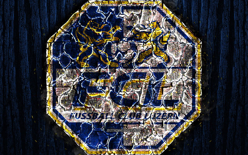 FC Luzern, scorched logo, Super League, blue wooden background, FCL, swiss football club, Luzern FC, grunge, football, soccer, Luzern logo, fire texture, Switzerland, HD wallpaper