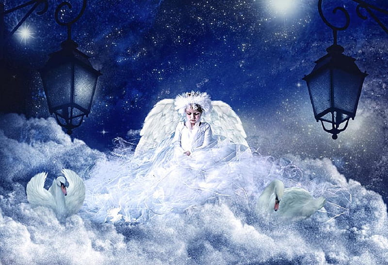 Heavenly child, stars, wings, abstract, swan, clouds, fantasy, heaven ...