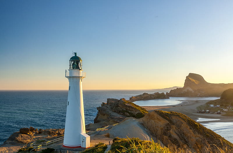 lighthouse, sea, horizon, HD wallpaper