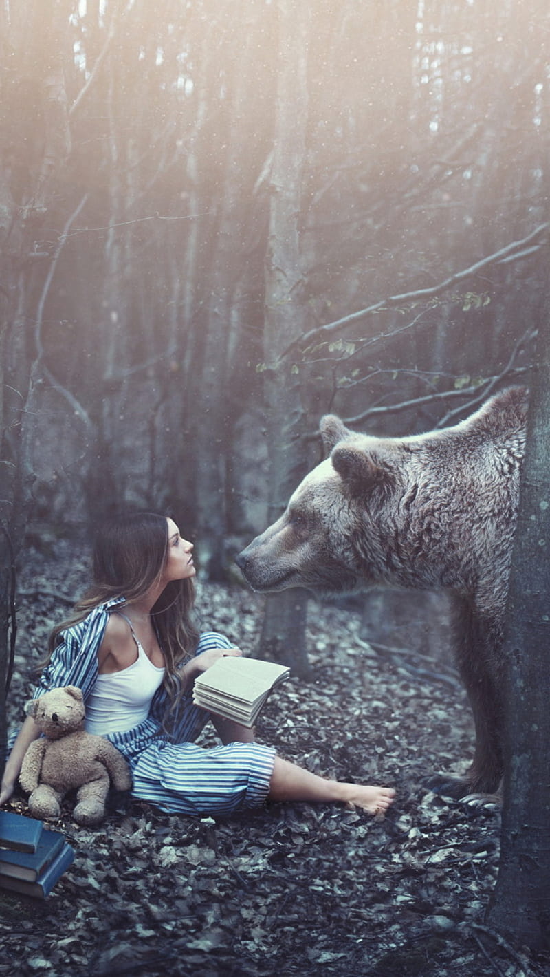 Bear, forest, beautiful girl, book, HD phone wallpaper