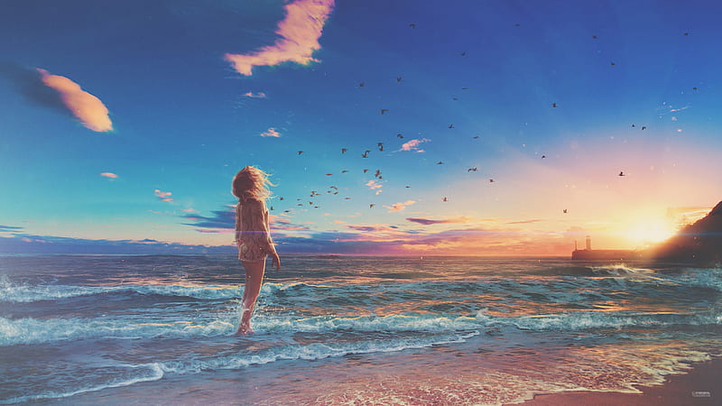 Girl Beach Sunrise Manipulation, girl, beach, artist, artwork, digital-art, HD wallpaper