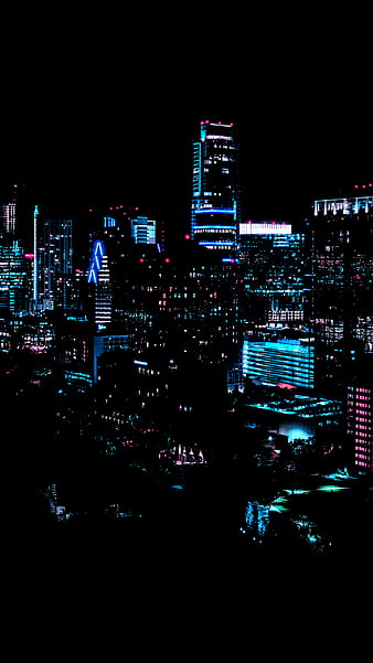 city, night, dark, building, lights, blue, city lights, vertical, portrait display, black, cyberpunk, cyan, HD phone wallpaper