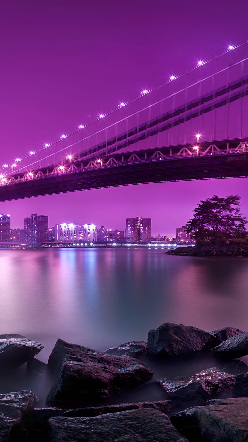 Amazing bridge , night, rock, river, purple, HD phone wallpaper