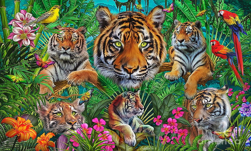 Fantasy Collage of Tigers, fantasy art, Tigers, Colorful, jungle, vibrant, digital art, HD wallpaper