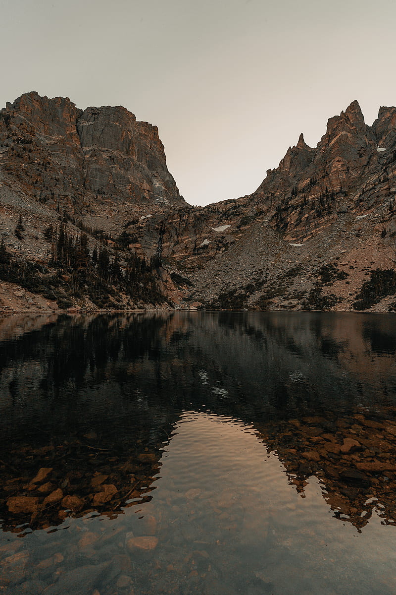 mountains, rocks, lake, shore, landscape, HD phone wallpaper