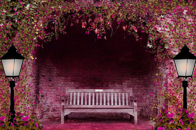 Love on the Bench, post, bench, flowers, lamp, HD wallpaper