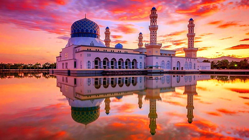 Kota Kinabalu City Mosque,Malaysia, mosque, nature, clouds, sky, reflection, sea, HD wallpaper
