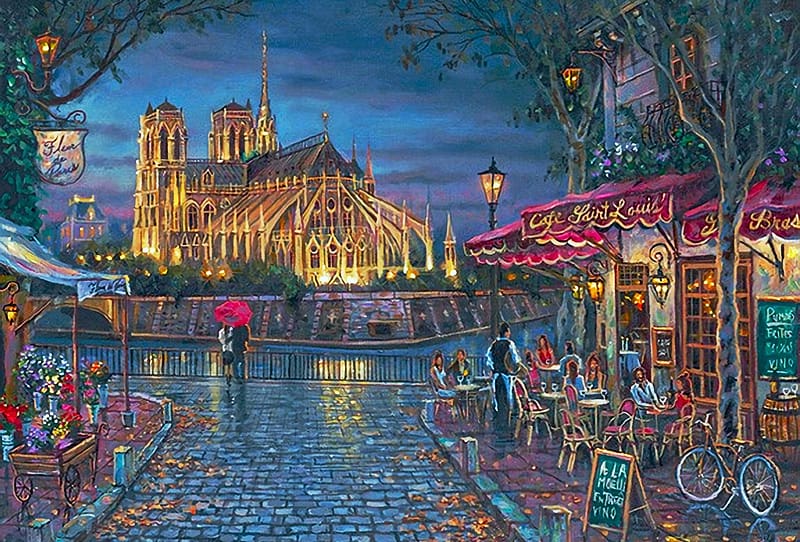 Fall Evening, Paris by Robert Finale, artwork, restaurant, painting, city, notre dame, people, houses, cathedral, HD wallpaper