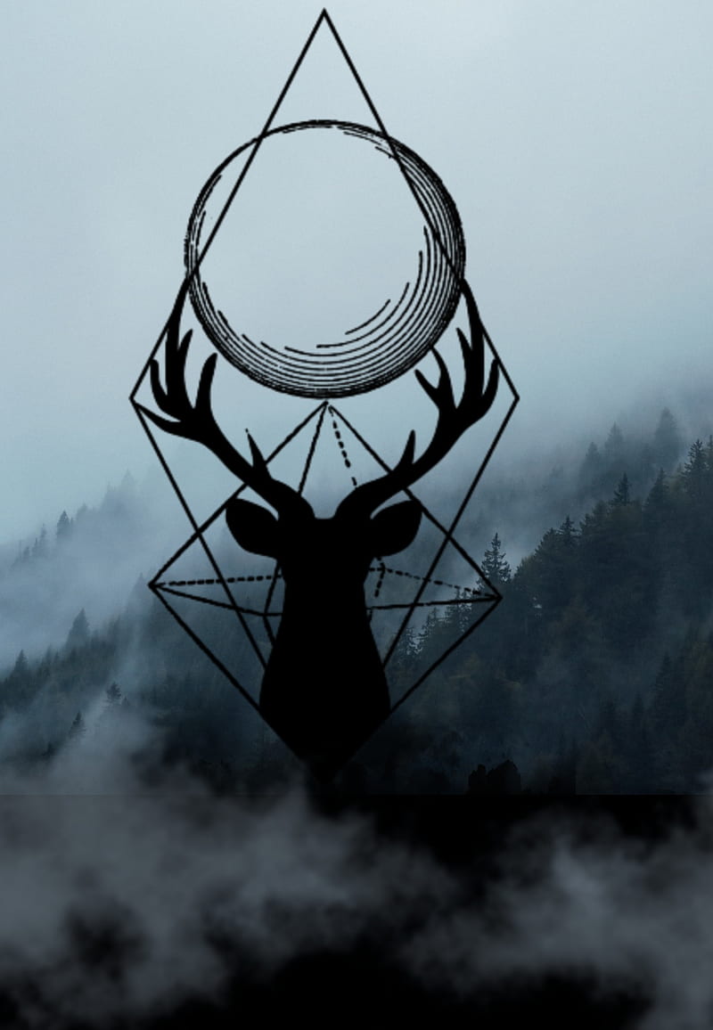 Misty deer, black, deer design, forest, misty forest, mountains, storm, storms, HD phone wallpaper