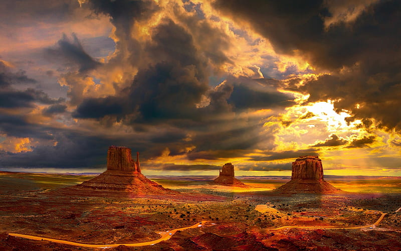 Monument Valley, USA, sunser, desert, american landmarks, Navajo Nation, Colorado Plateau, Utah, America, HD wallpaper
