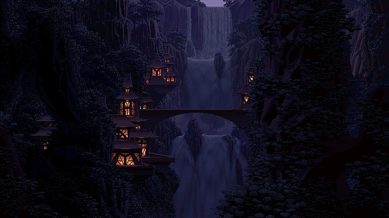 game landscape, pixel art, waterfall, valley, houses, Games, HD wallpaper