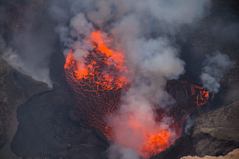 volcano, lava, eruption, smoke, ash, hot, crater, HD wallpaper