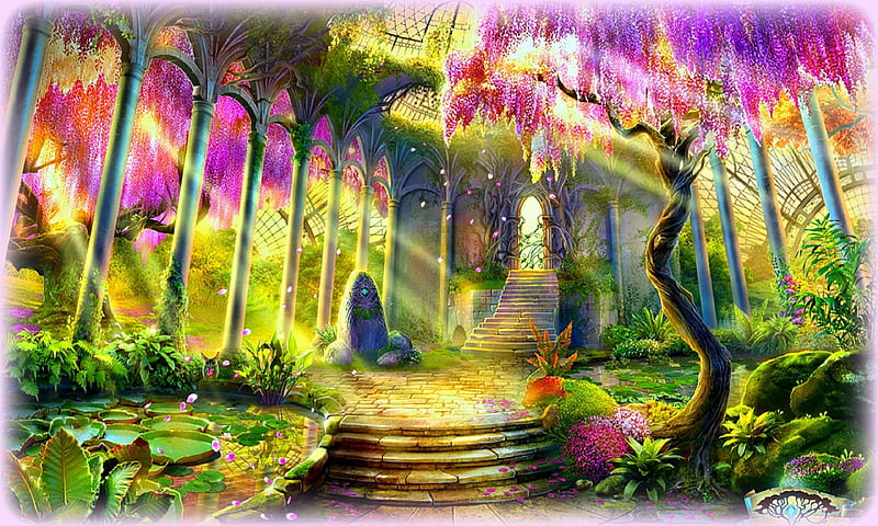 ..Splendid in the Garden.., rocks, lotus pads, stairs, attractions in dreams, digital art, rays light, lotus pond, landscapes, flowers, step stones, scenery, sunbeam, gate, sunlight, creative pre-made, trees, pond, leaves falls, mixed media, paradise, plants, gardens, backgrounds, HD wallpaper