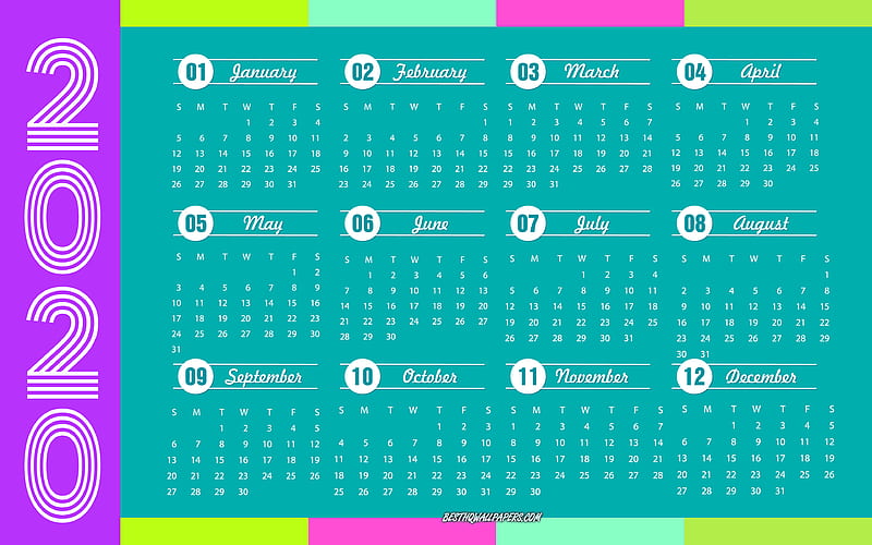 Multicolored 2020 Calendar 12 months 2020 calendar, Multicolored abstract background, 2020 concepts, New Year 2020, all months, 2020 calendar, HD wallpaper