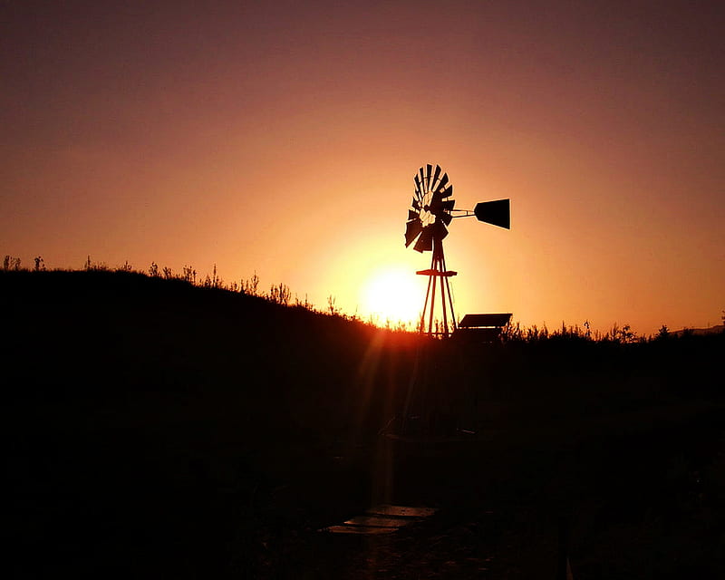 Sun setting behind windmill, windmill, sun, mill, wind, bonito, sunset, HD wallpaper