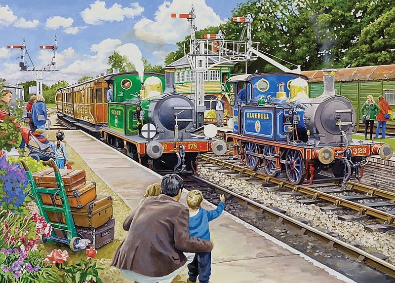 Horsted Keynes on The Bluebell Railway, luggage, railway, signals, painting, station, platform, steam, engines, HD wallpaper