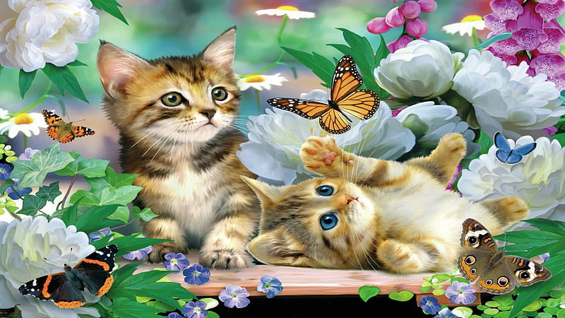 Kittens and Butterflies, Cute, Butterflies, Kittens, Art, Painitng, HD ...