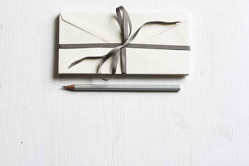 white envelop and gray pencil on white panel, HD wallpaper