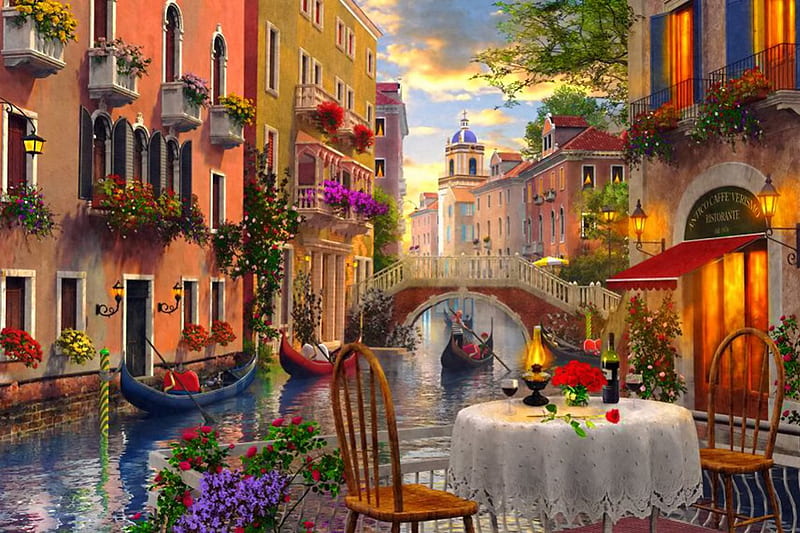 Venice restaurant, dinner, colorful, canal, Italy, dusk, bonito, boats, bridge, painting, evening, street, table, art, lovely, romantic, Venice, restaurant, summer, gondola, HD wallpaper