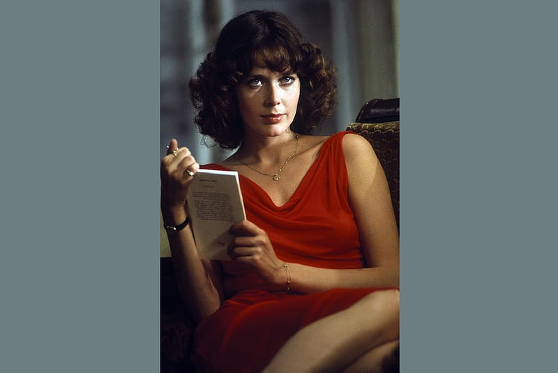 Sylvia Kristel, red dress, brunette, sitting in chair, book, window and curtains, jewelry, HD wallpaper