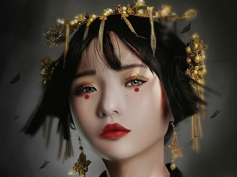 Fantasy girl, face, jewel, art, red, frumusete, luminos, asain, golden ...