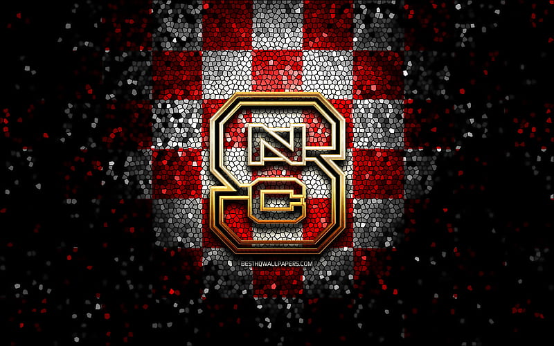 NC State Wolfpack, glitter logo, NCAA, red white checkered background, USA, american football team, NC State Wolfpack logo, mosaic art, american football, America, HD wallpaper
