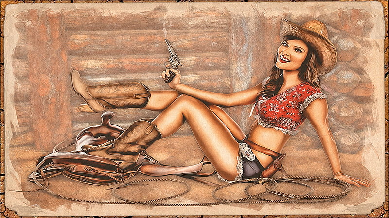 Cowgirl Vintage.., cowgirl, boots, saddle, rope, women, brunettes, NRA, 3D, anime, pistols, painting, girls, art, hats, female, models, fun, western, style, HD wallpaper
