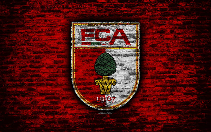 Augsburg FC, logo, red brick wall, Bundesliga, German football club, soccer, football, brick texture, Augsburg, Germany, HD wallpaper