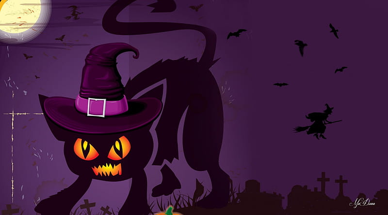 Angry Black Cat, witch, bats, cemetery, cat, grave stones, angry, moon, scary, Halloween, HD wallpaper