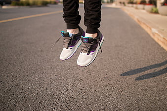jump, legs, sneakers, shoes, asphalt, HD wallpaper
