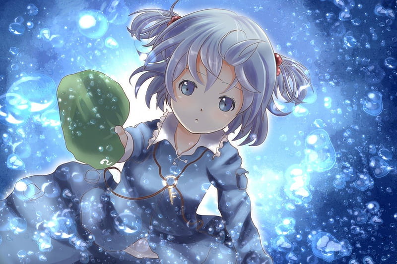 Reflection, bubble, manga, leaf, cute, water, girl, green, anime, aqua, blue, HD wallpaper