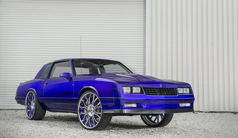 1987-Chevrolet-Monte-Carlo-SS, Chrome Wheels, Donk, GM, Blue, HD wallpaper