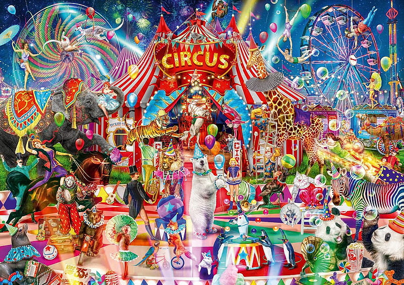 A Night at the Circus, elephant, colors, bears, tiger, giraffe, zebra, animals, artists, art, digital, HD wallpaper