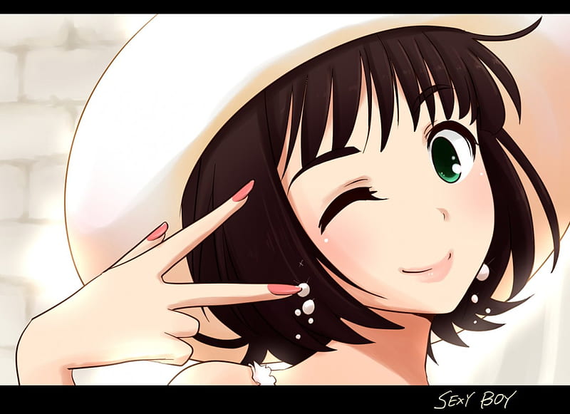 Peace Out!!, short hair, peace sign, girl, anime, green eyes, wink, fingernails, hat, HD wallpaper