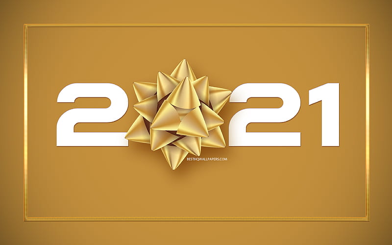 2021 New Year, golden silk bow, Happy New Year 2021, 2021 Golden background, 2021 concepts, HD wallpaper
