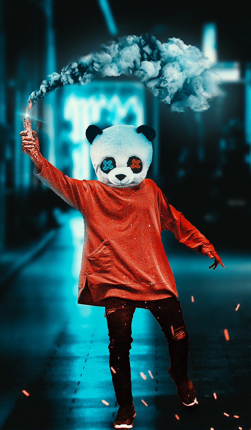 PANDA MASK MAN, animal, city, light, mask, neon, nice, panda, street, torches, way, HD phone wallpaper