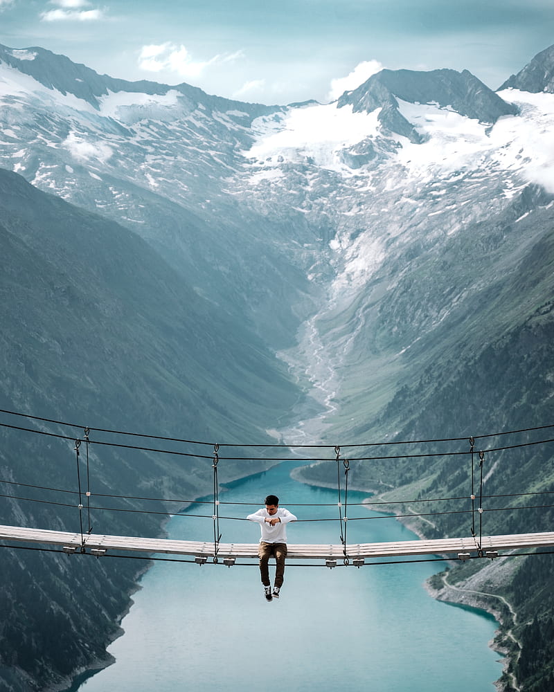 bridge, mountains, man, height, loneliness, HD phone wallpaper