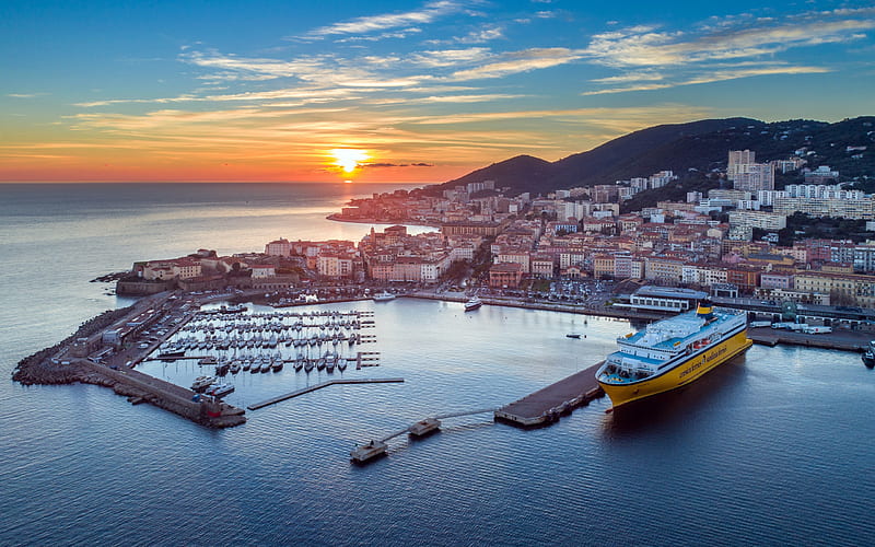 Ajaccio, sunset, evening, port, cruise liner, Corsica, France, city panorama, HD wallpaper