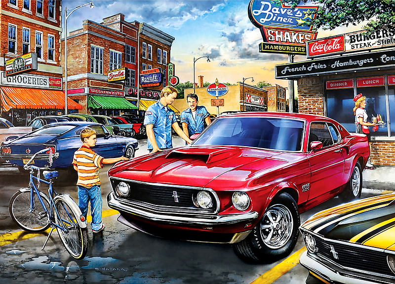 Dave's Diner F, art, Ford, bonito, illustration, diner, artwork, Mustang, automobile, car, painting, auto, wide screen, HD wallpaper