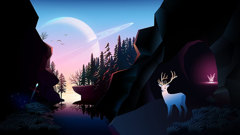 flat landscape, deer, planet, forest, rocks, artwork, Landscape, HD wallpaper