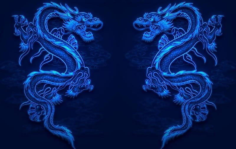 DOUBLE BLUE, double, neon, dragons, blue, HD wallpaper